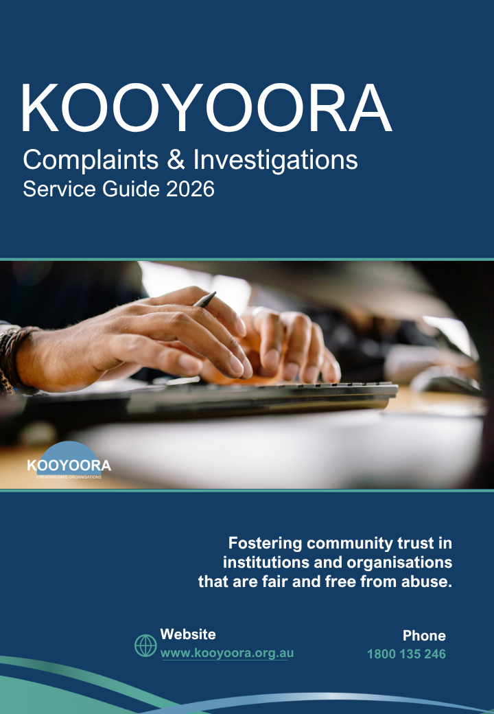 Cover page of the Kooyoora Complaints and Investigations Service Guide 2026 displaying a person typing on a keyboard.