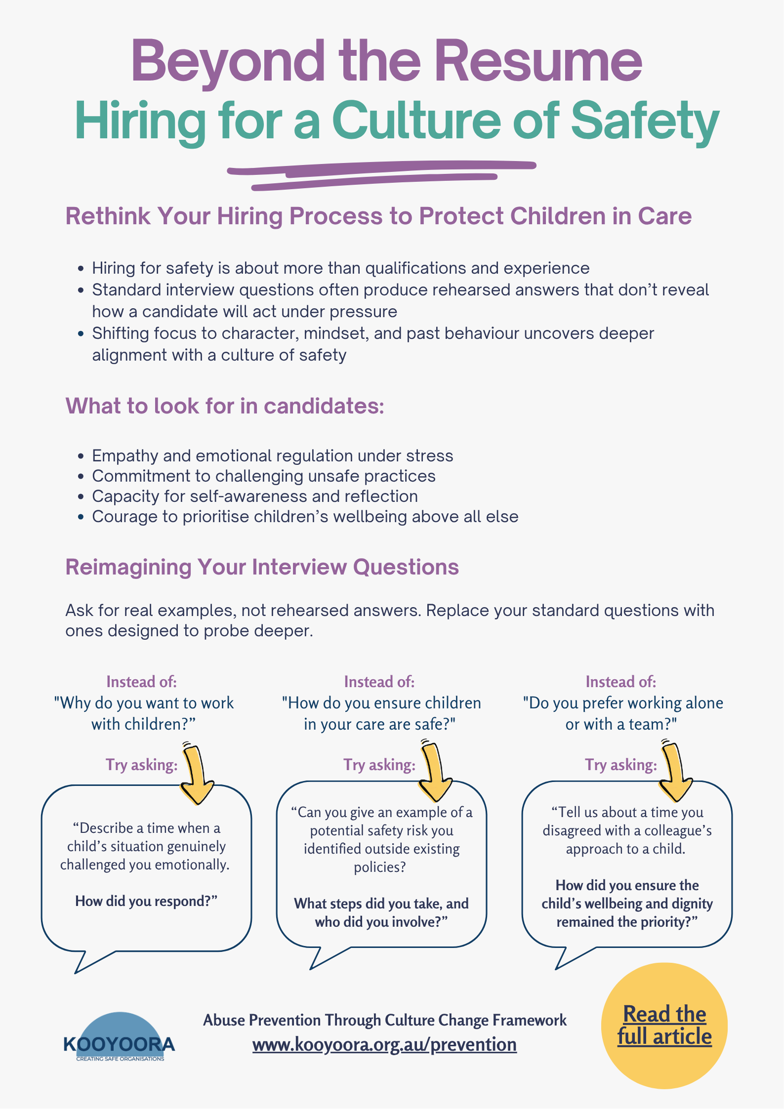 Presentation slide titled 'Beyond the Resume: Hiring for a Culture of Safety' with bullet points about hiring practices, candidates to look for, and interview questions. Includes a section on reimagining interview questions with example questions and tips, and a call to action to read the full article with a yellow circle containing the text 'Read the full article'. At the bottom, the logo 'KOOYORA' and the website 'www.kooyora.org.au/prevention' are displayed.