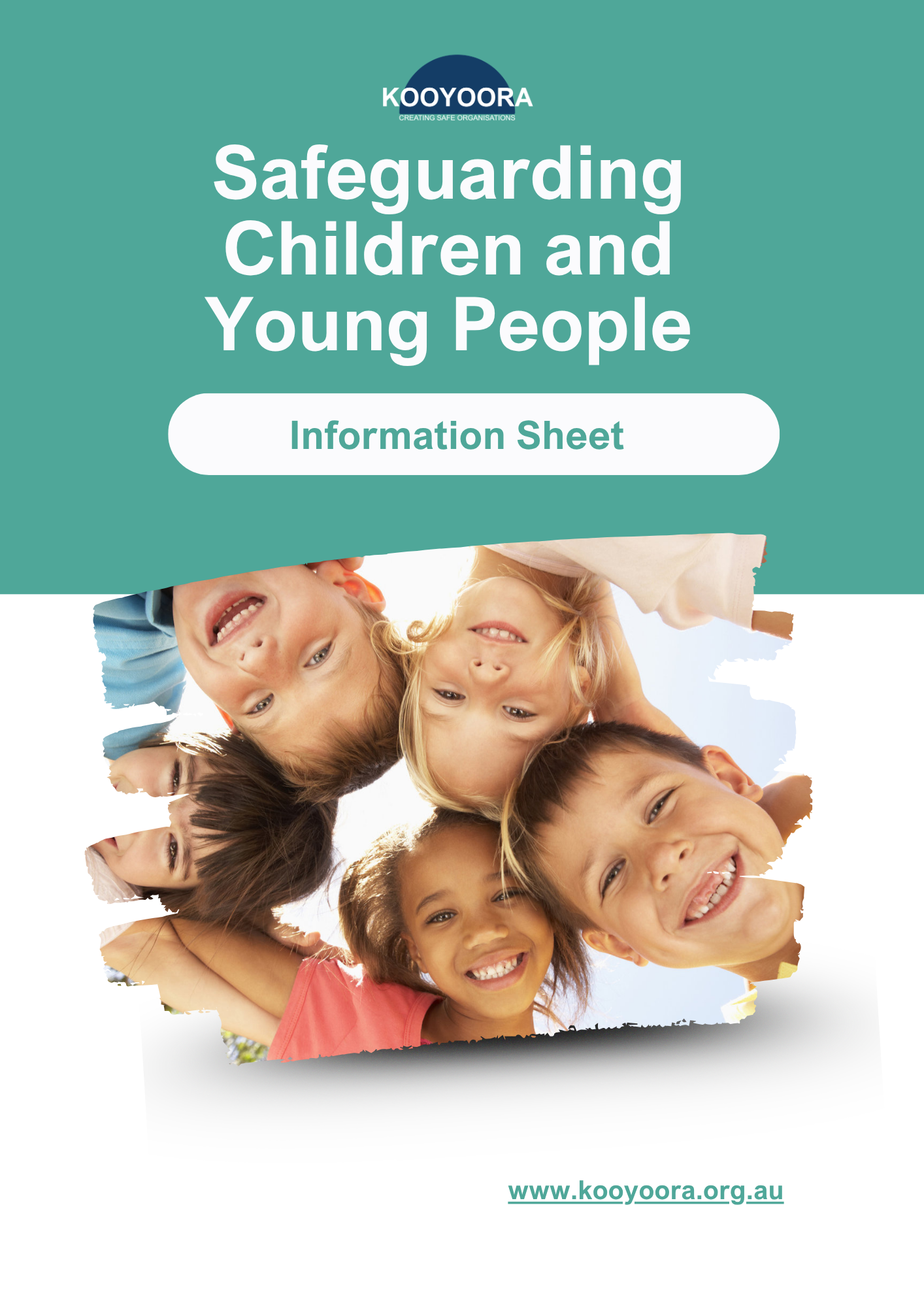 Colorful brochure for Kooyora with smiling children and website link.