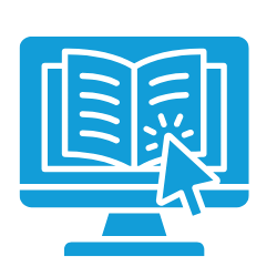 Icon of an open book on a computer screen with a cursor clicking on it.