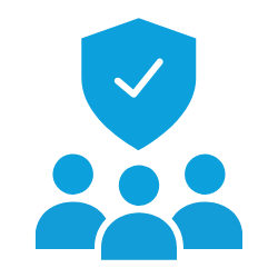 Icon of a blue shield with a checkmark and three blue human figures below it.