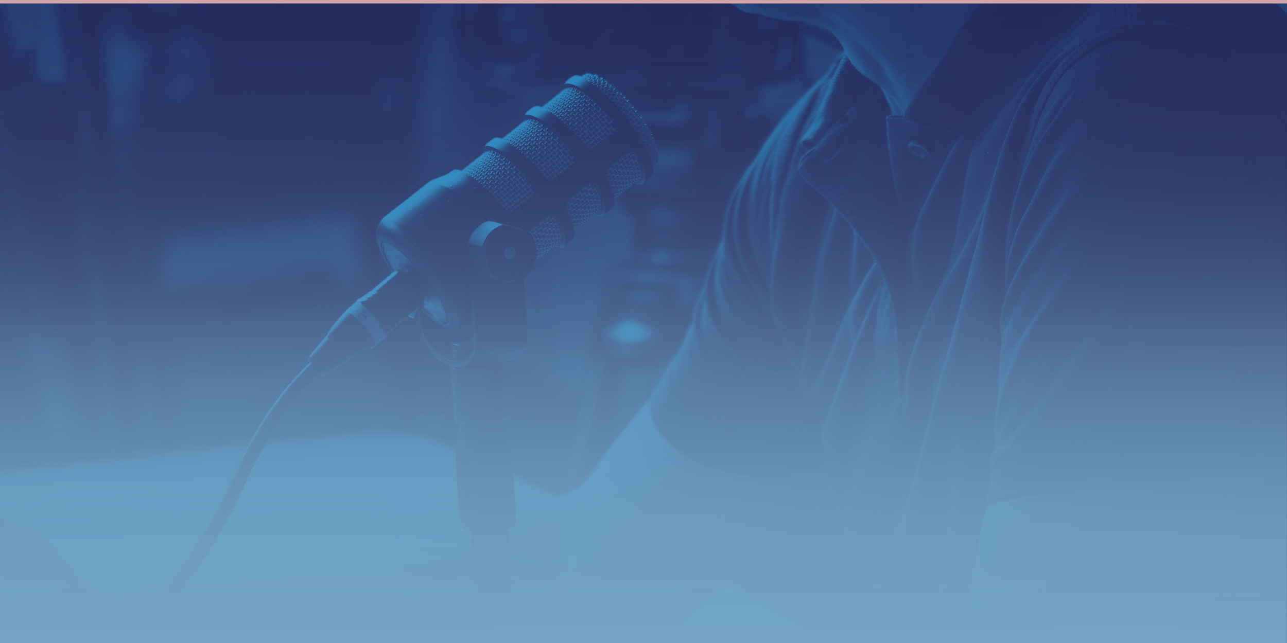 Close-up of a person singing into a microphone with a blue overlay.