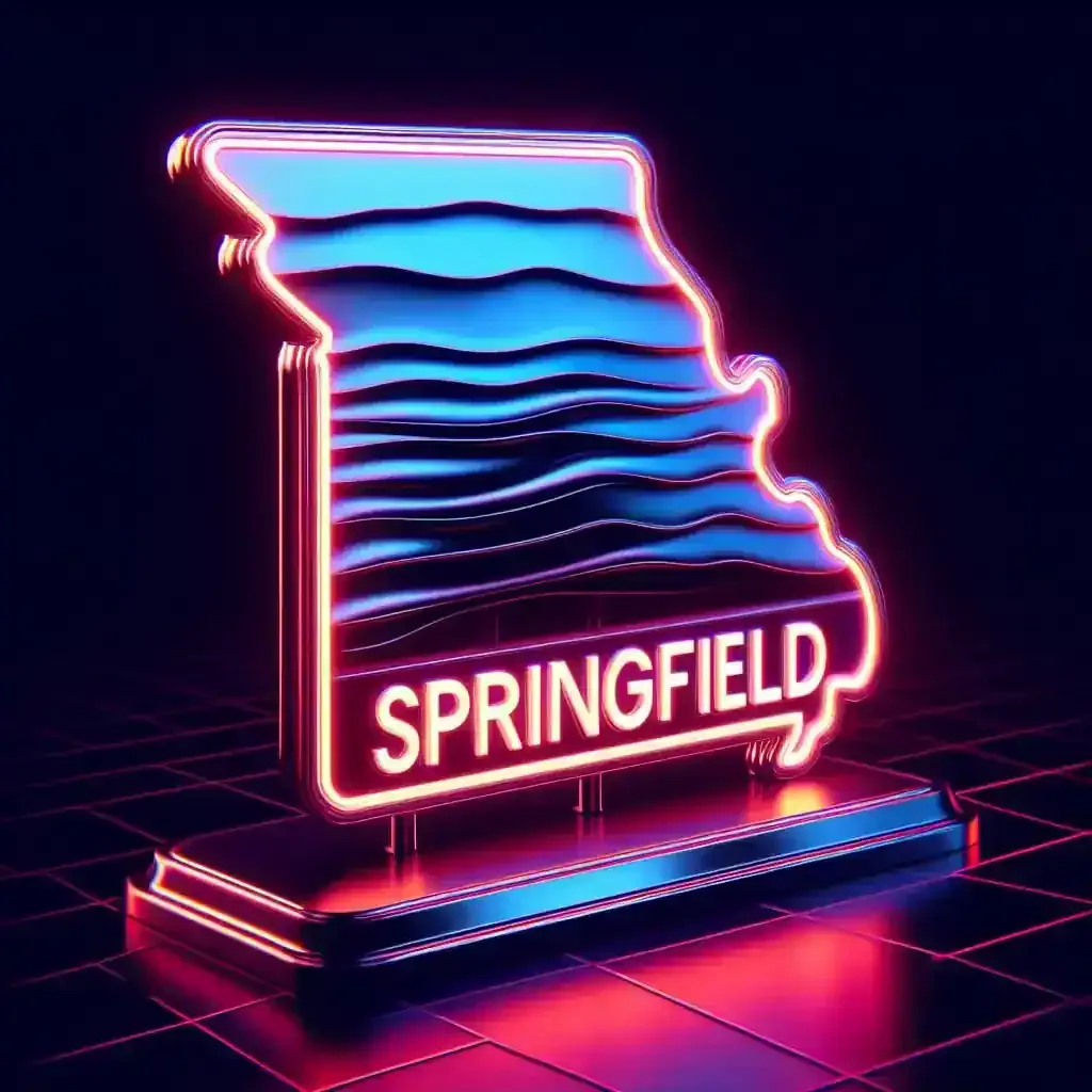 Neon sign style Missouri state outline with Springfield highlighted, representing Lamb Auto Detailing service area