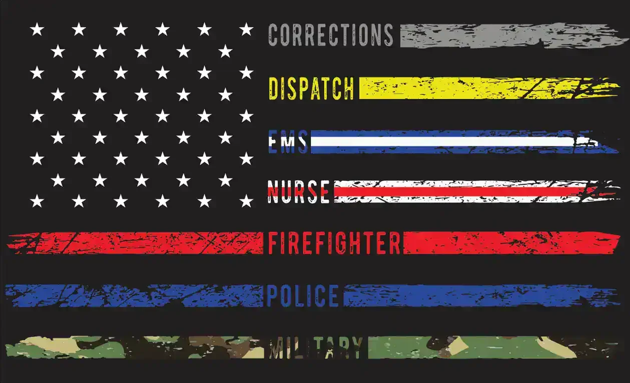 Lamb Auto Detailing in Springfield, MO offers 10% off for police, firefighters, EMS, nurses, dispatch, corrections officers, and military — honored with an American flag design featuring gray, yellow, blue, white, red, and camo stripes