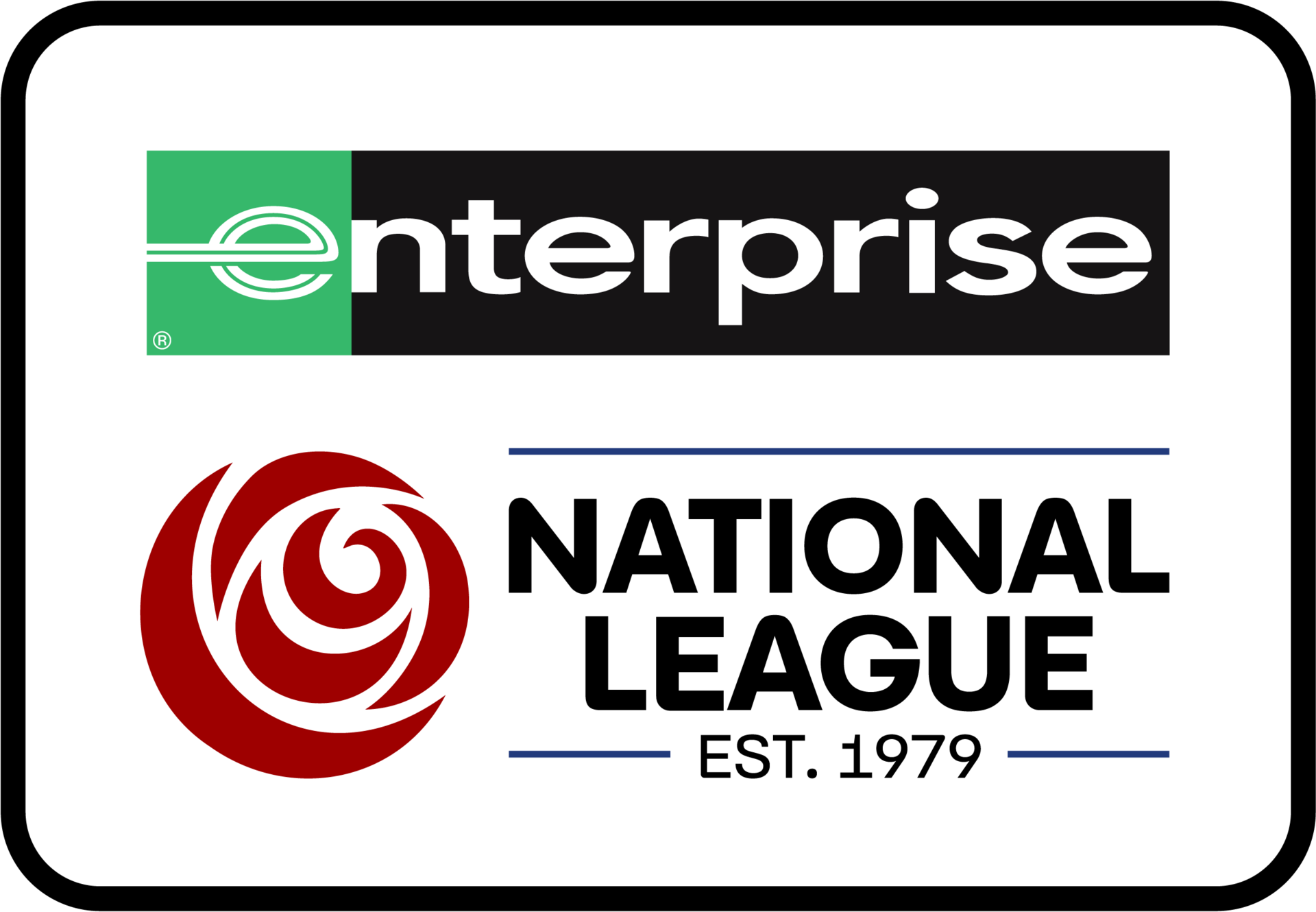 Logos for Enterprise Rent-A-Car and the National League, with the establishment year of 1979.