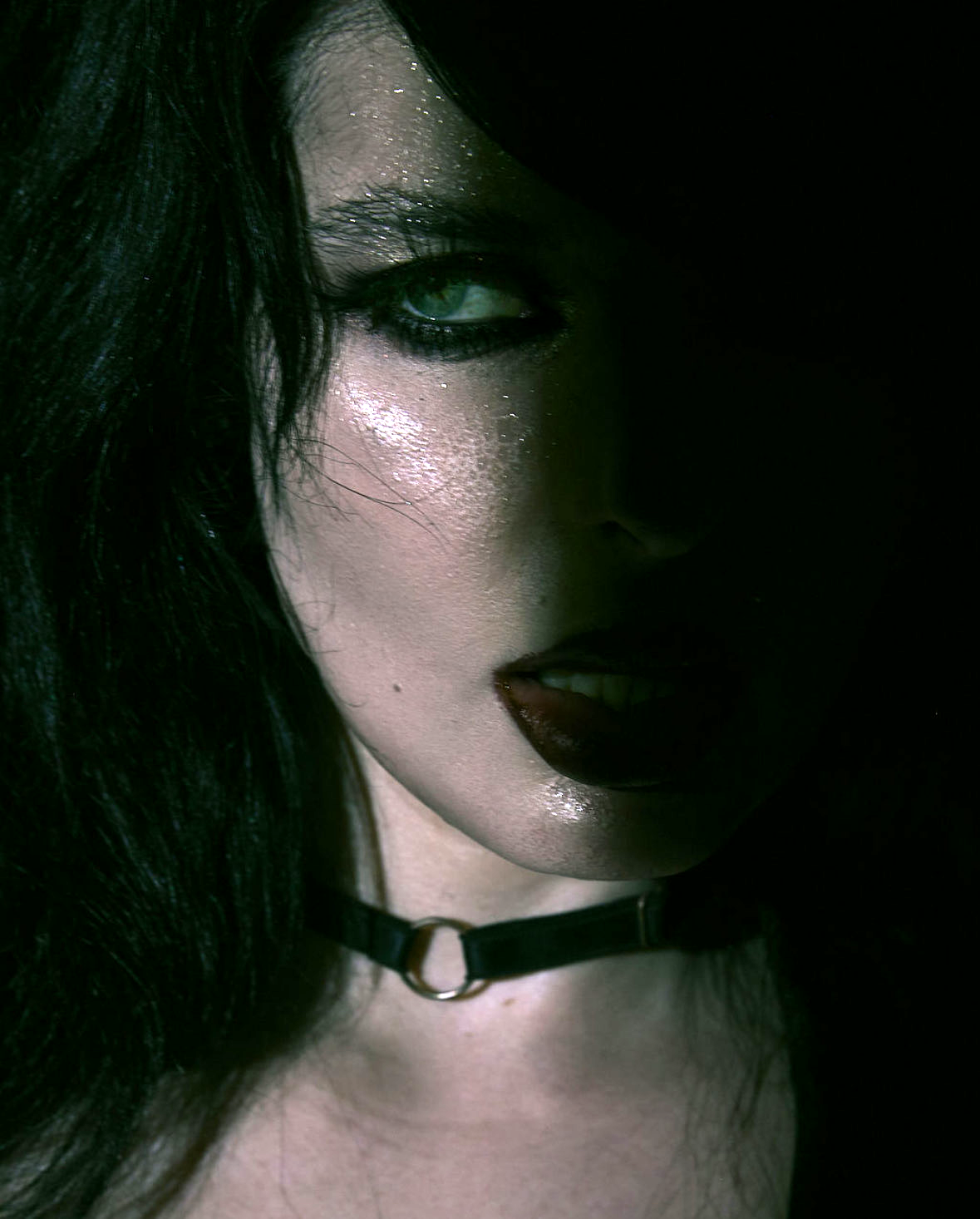 Close-up of a woman with dark hair, intense makeup, and a choker necklace, partially obscured by shadow.