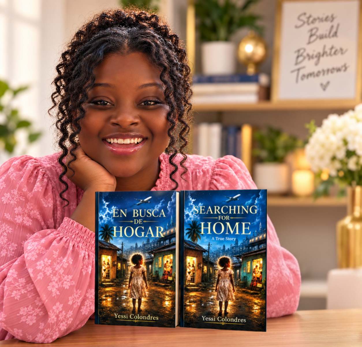 A smiling woman in a pink shirt sitting at a table with two books titled 'En Busca de Hogar' and 'Searching for Home' by Yessi Colondres in front of her. The background shows a decorated room with white flowers, a sign that reads 'Stories Build Brighter Tomorrows', and some shelves with plants and lights.