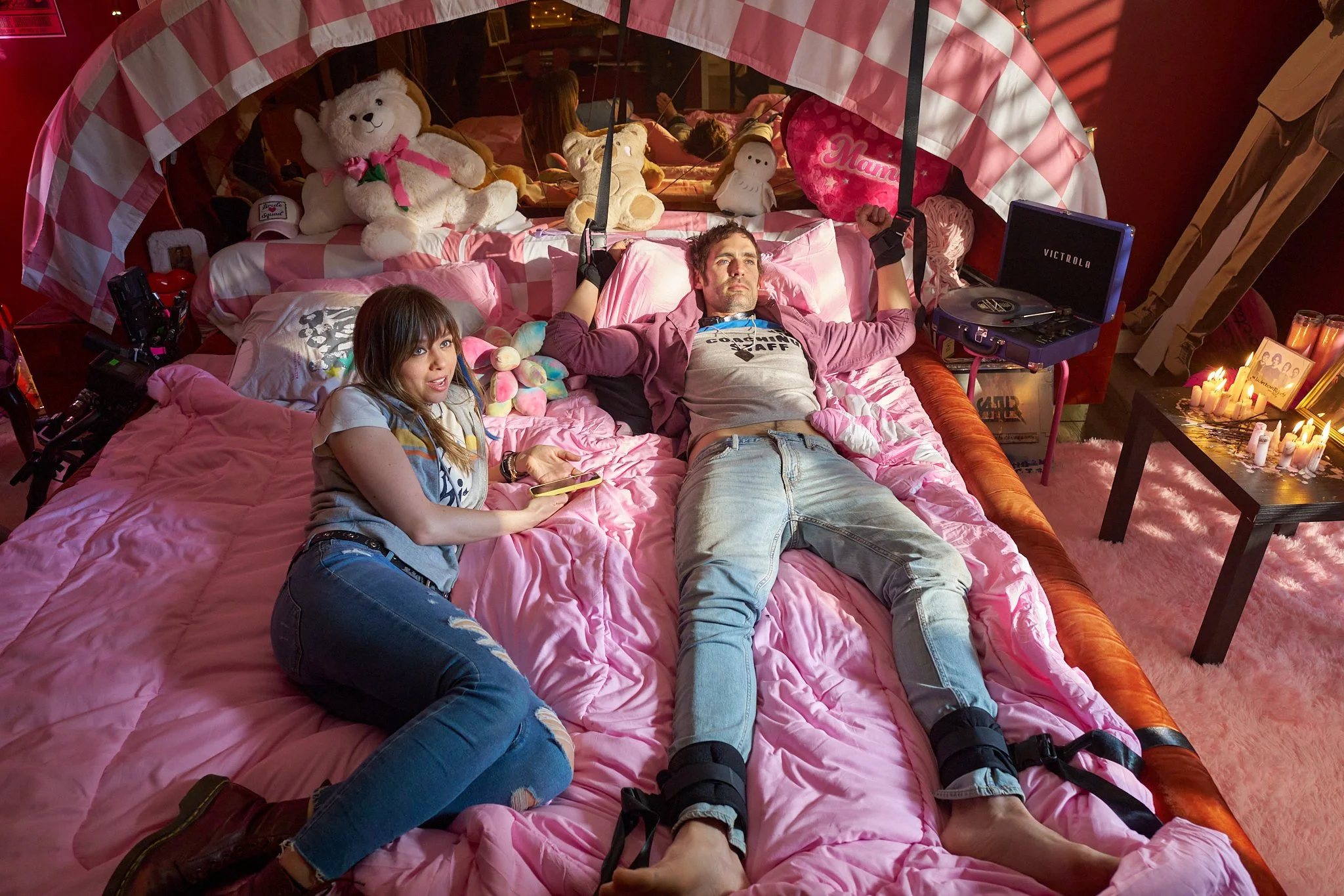 Unit stills photography, Super Fan vertical film, featuring The All-American Rejects. Lead singer Tyson Ritter and actor Anna Lore in the bedroom scene.