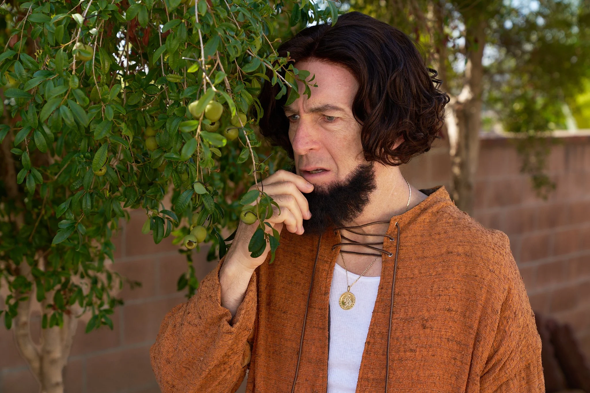 On-set unit stills photography, The Making of Jesus Diabetes, actor Bob Odenkirk in a scene where he plays Judas.