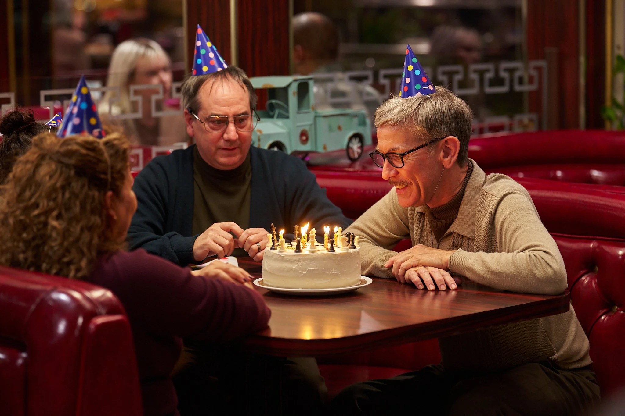 On-set unit stills photography, The Making of Jesus Diabetes, actors Andrew Friedman and Michael in birthday scene.
