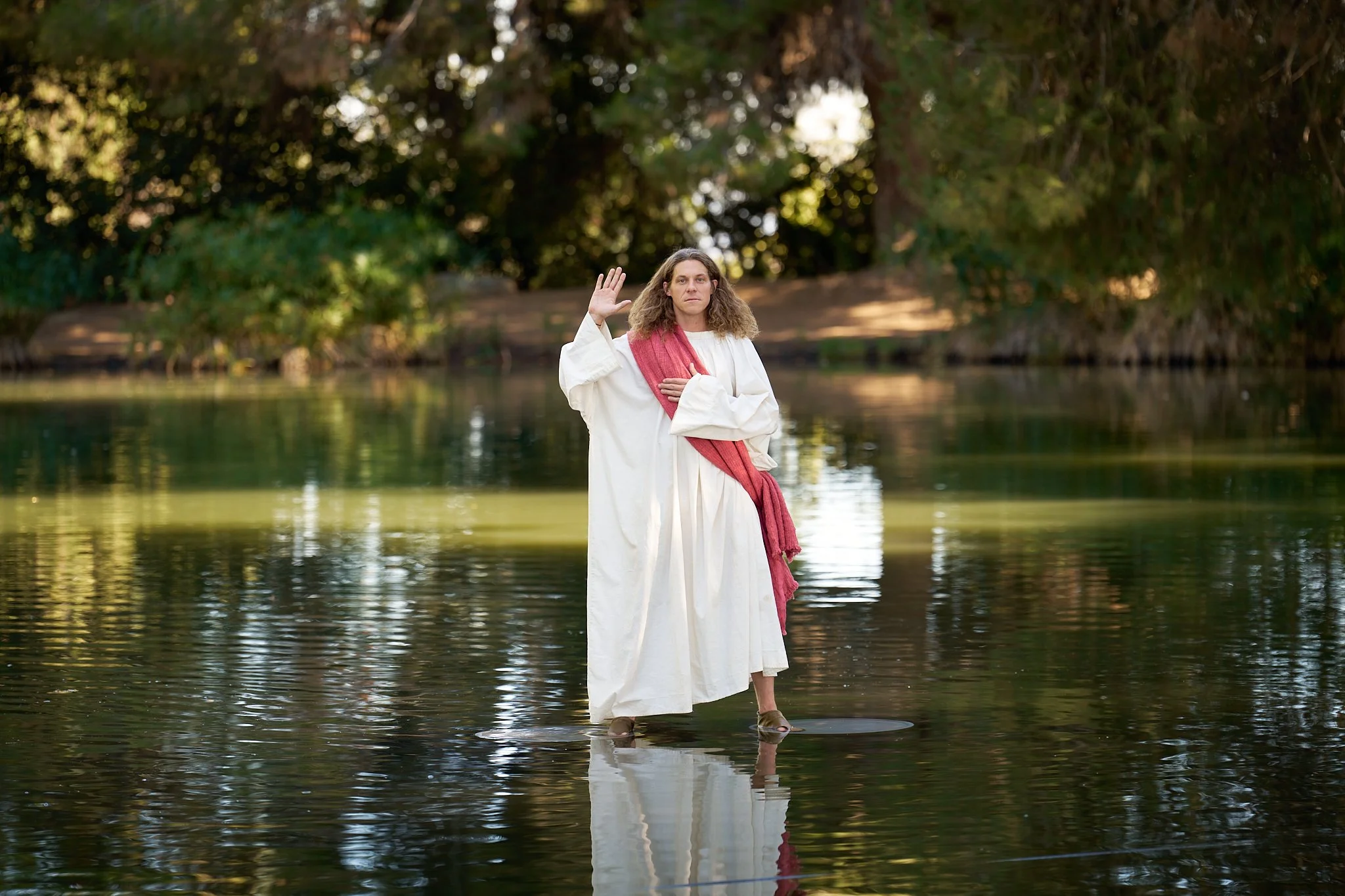 On-set unit stills photography, The Making of Jesus Diabetes, Blake Anderson as Jesus "walking on water".