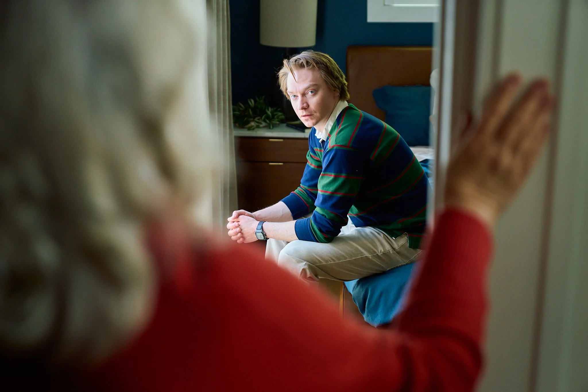 Unit stills photography, for the short film TEDDY, BTS image of actor Calum Worthy and Betsy Baker.