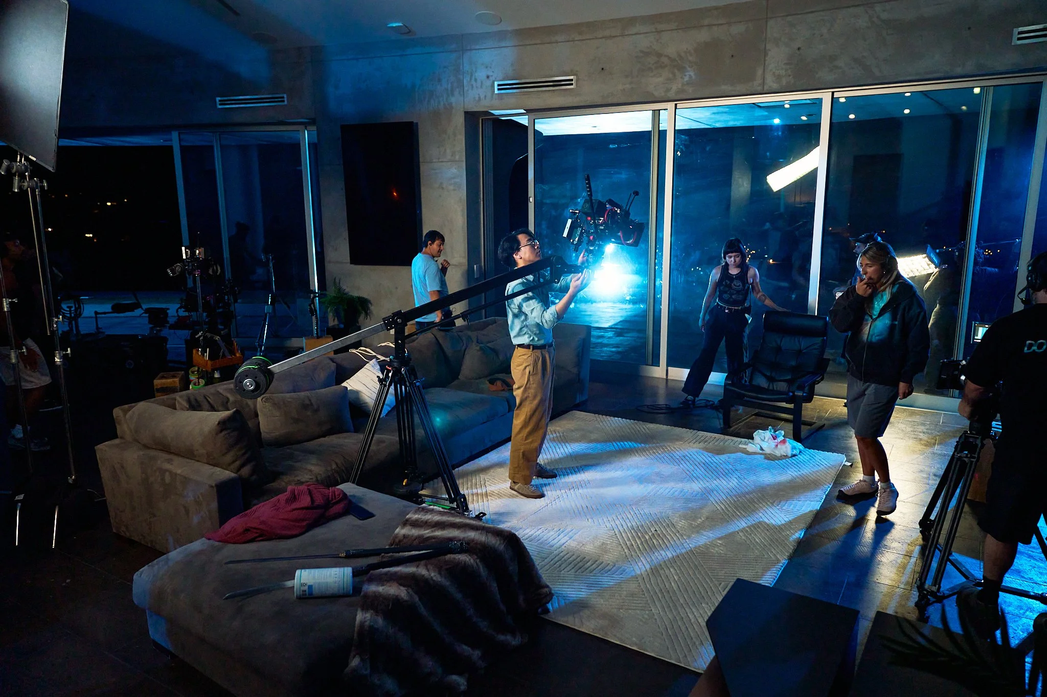 Unit stills photography, for the short film Doppelgänger, behind the scenes image of the crew during the living room scene.