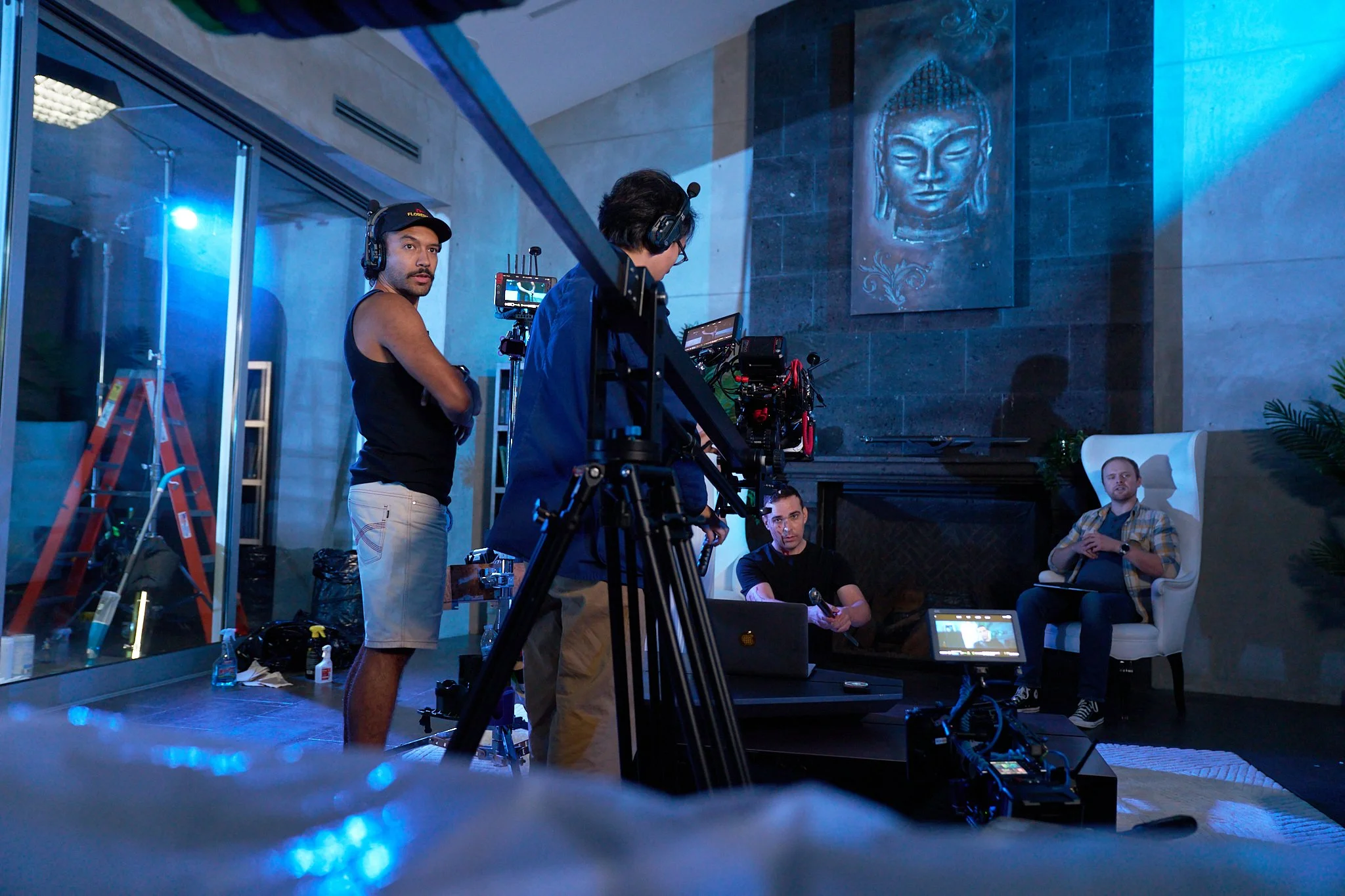 Unit stills photography, for the short film Doppelgänger, behind the scenes of the crew setting up a close-up shot.