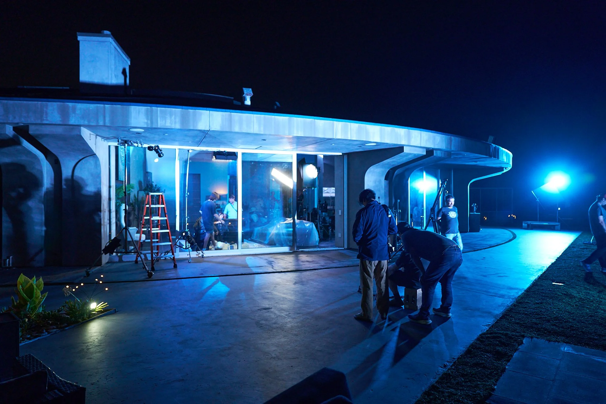 Unit stills photography, for the short film Doppelgänger, behind the scenes of the crew shooting from outside.