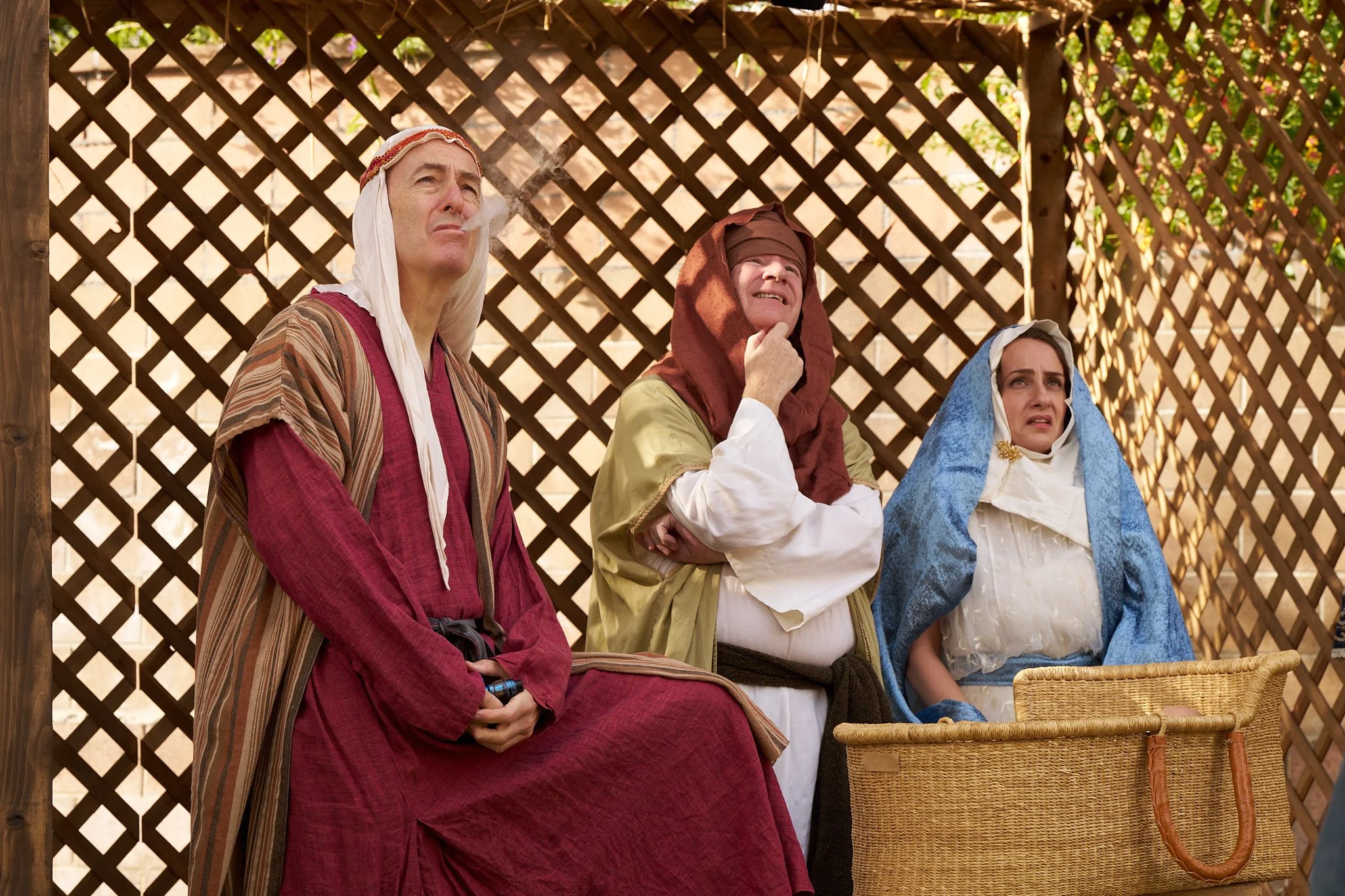 On-set unit stills photography, The Making of Jesus Diabetes, actors Bob Odenkirk, Brendan Jennings, and Artemis Pebdani during the manger scene.