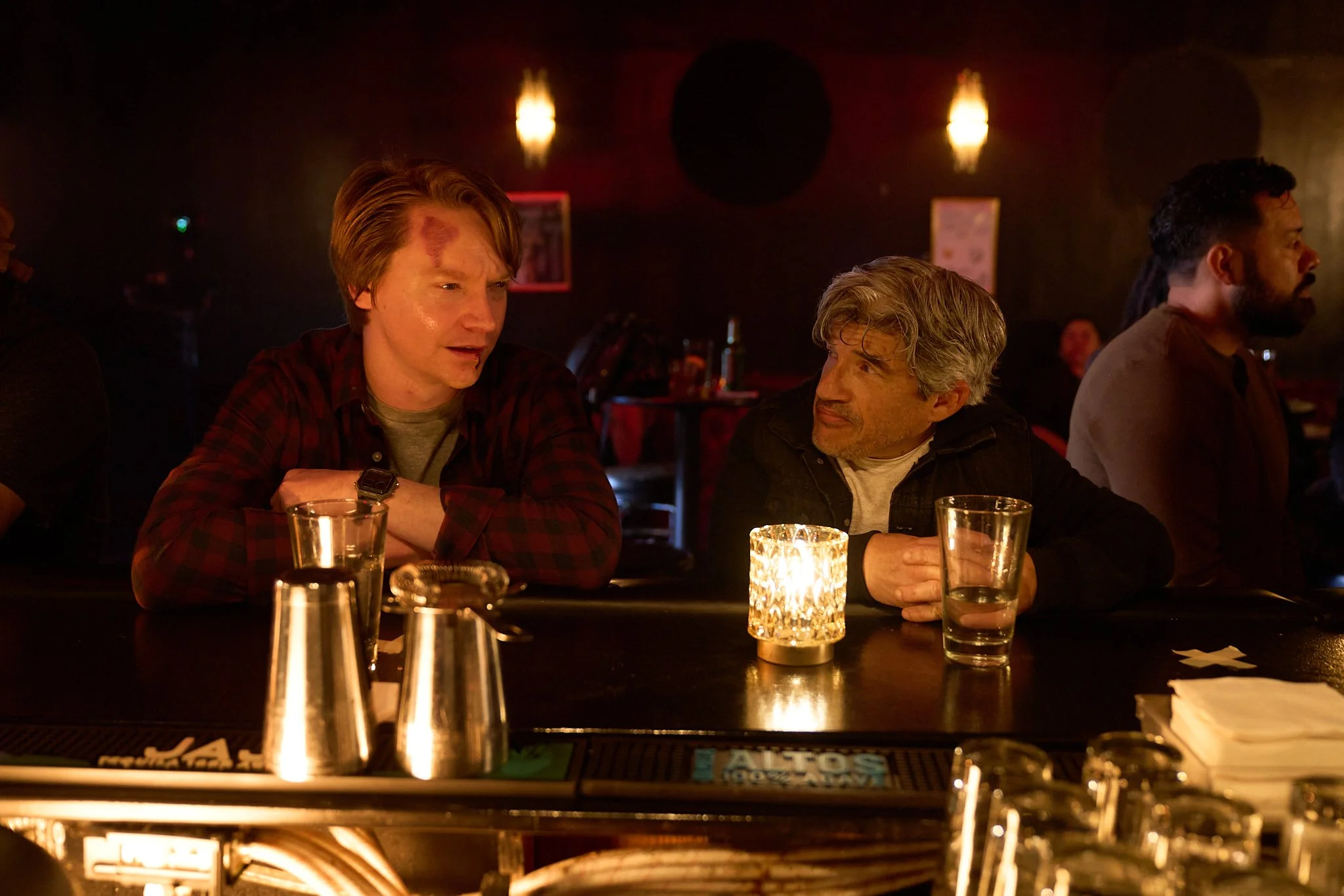 Unit stills photography, for the short film TEDDY, image of actor Calum Worthy and Mark Povinelli on set.