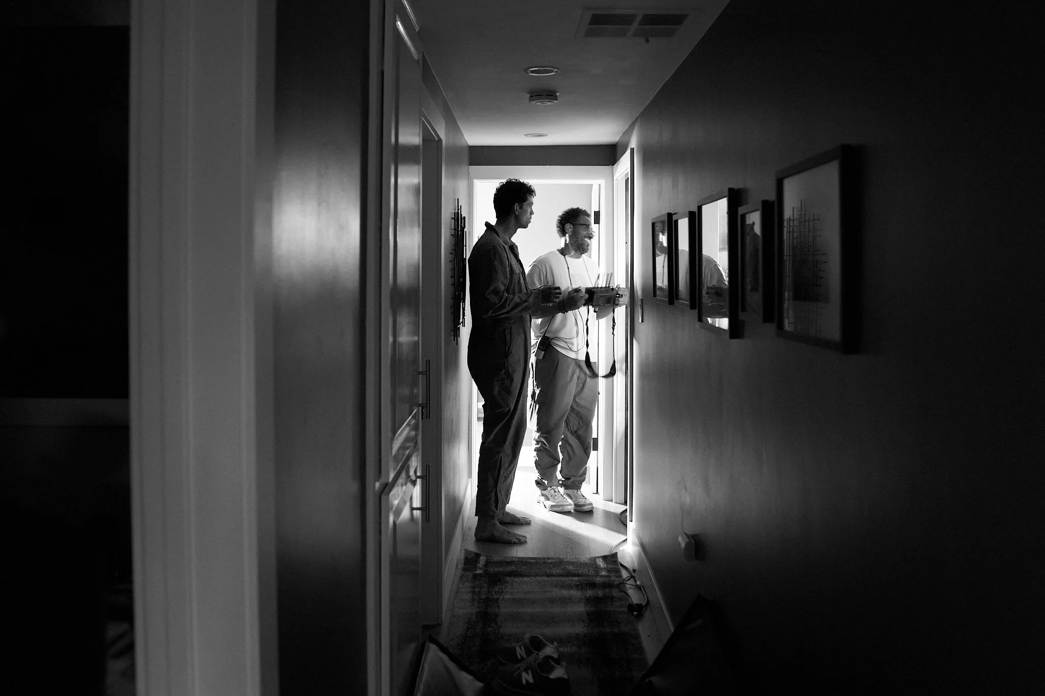 Unit stills photography, for the short film TEDDY, black and white BTS image of crew.