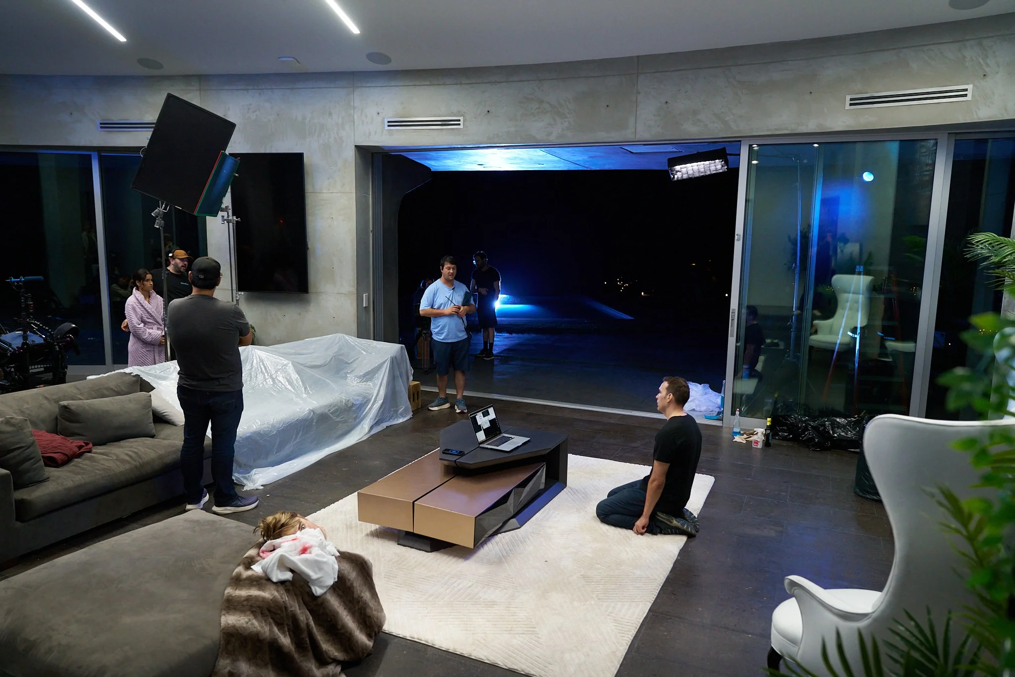 Unit stills photography, for the short film Doppelgänger, behind the scenes of the set preparing for a scene.