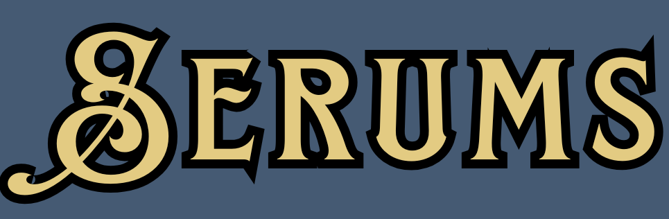 Text reading '3 ERUMS' with stylized letter 'S' in beige on a dark gray background.