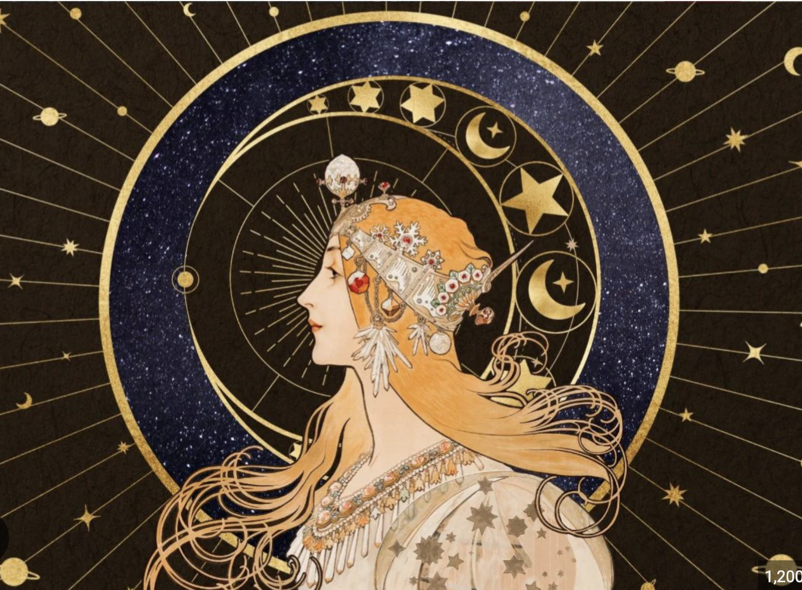 Illustration of a woman with flowing hair, wearing jewelry, with celestial elements and zodiac symbols around her head in a cosmic background.