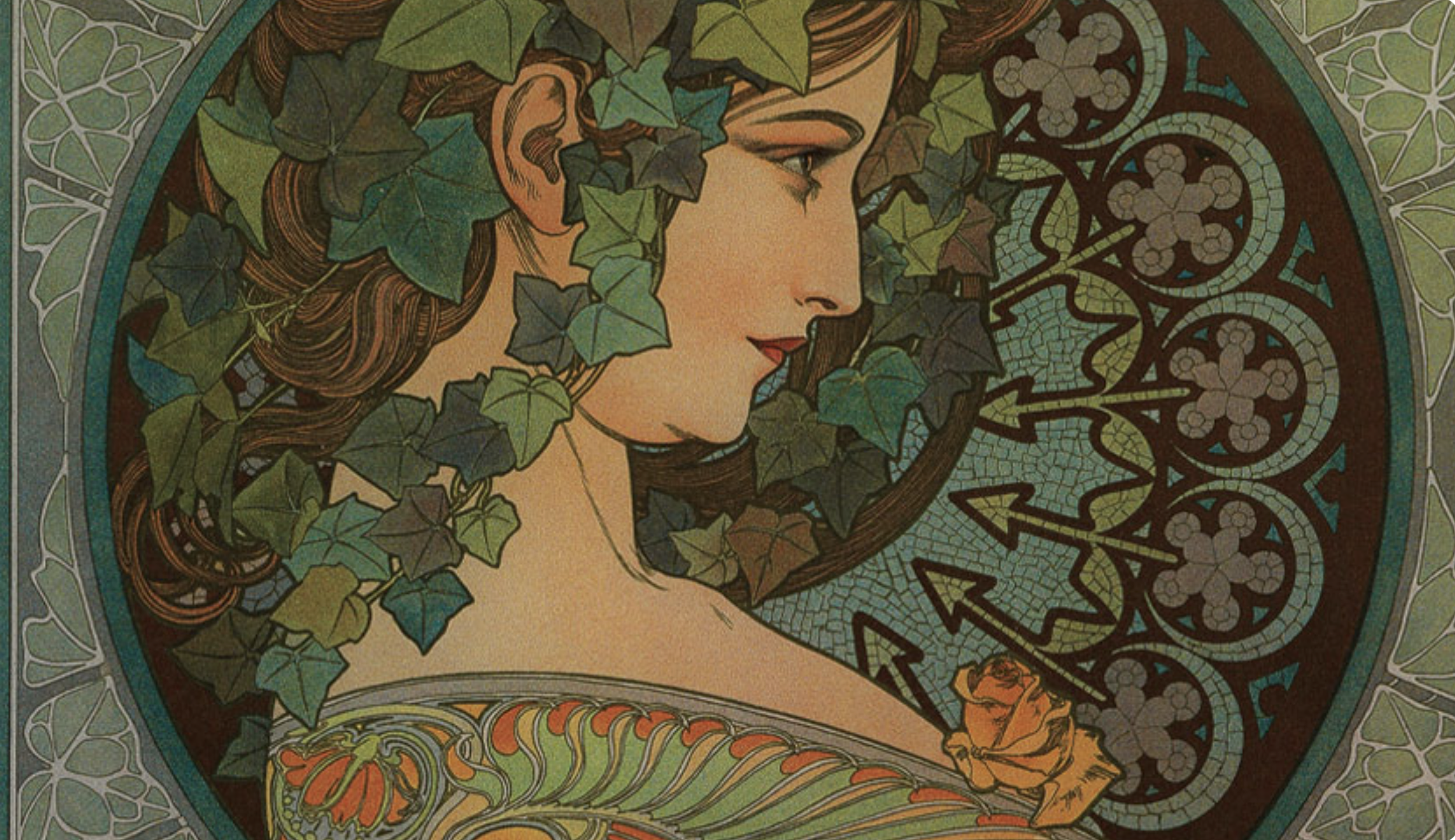 Art Nouveau style illustration of a woman with flowing hair surrounded by green ivy leaves, with a decorative背景 with intricate patterns and the word 'ART' repeating in the background.