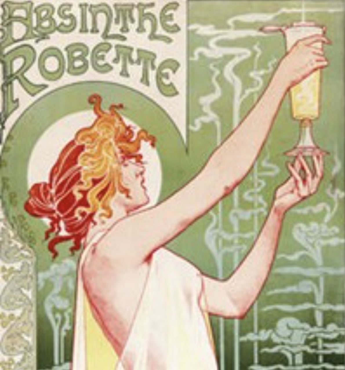 A vintage-style illustration of a woman with curly red and blonde hair holding a lit candle. The background features green and white decorative elements with text that reads "Absinthe Robette."