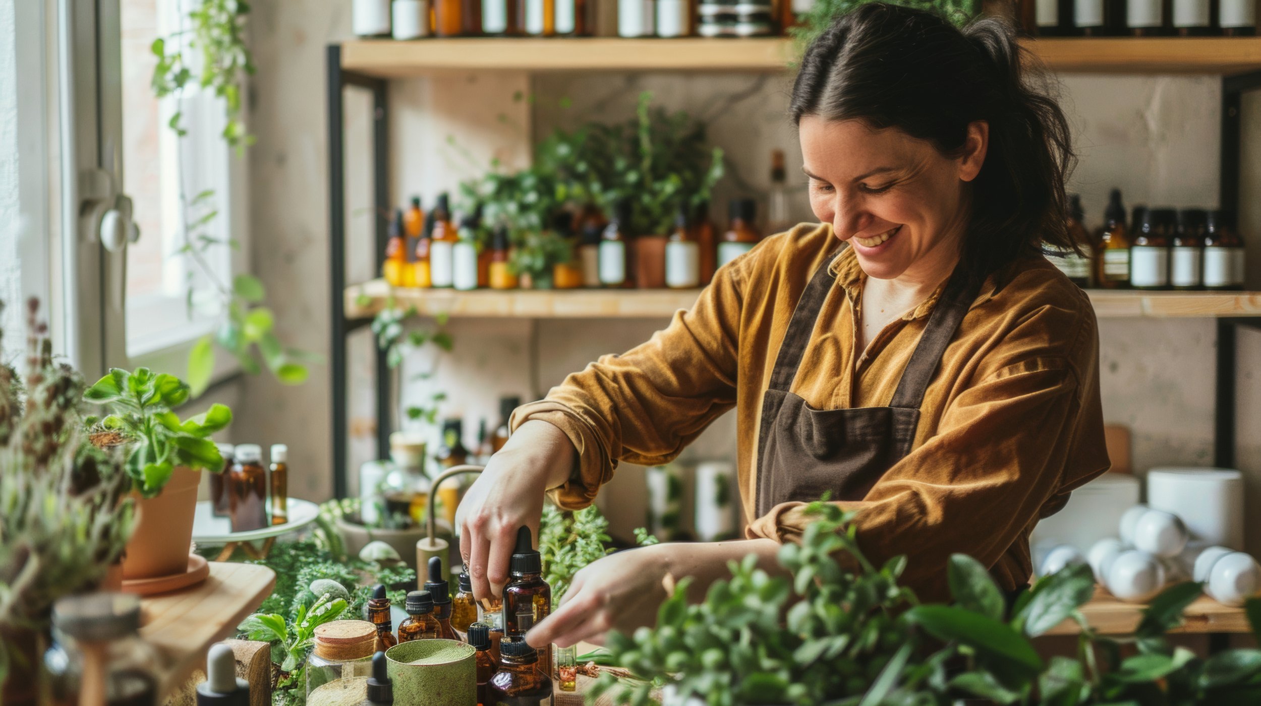 A woman with dark hair wearing a brown shirt and dark apron is smiling while working with essential oils and bottles in a well-lit, plant-filled herbal shop or workshop.