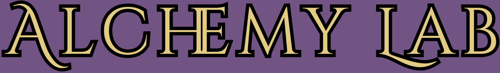 Text reading 'ALCHEMY LAB' in bold, black and gold lettering on a purple background.