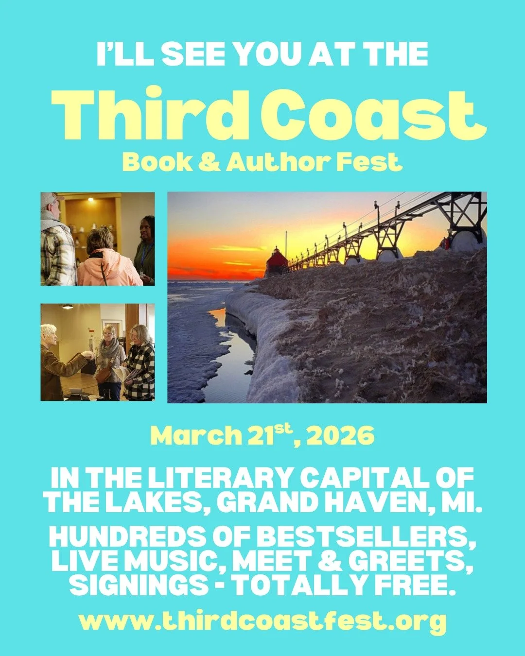 Hi friends! I'll be signing copies of my books this Saturday, March 21, at the Third Coast Book Festival in Grand Haven, Michigan! I've never been to Michigan, and I cannot wait! 

You can find me at Central Park Place, first at the 11am Young Adult 