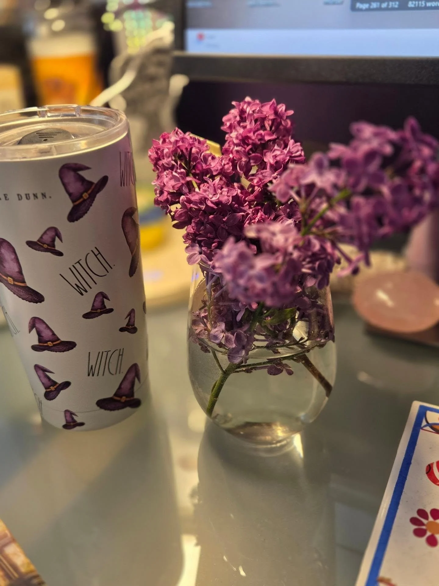 Desk life. 🖤 I'm going through the copyedits of SOMETHING WICKED IN THE WOODS this week. There was a line so disgusting I had to look away. It involves maggots and human skin. *shudders

Anyway, happy spring! First bouquet of lilacs from the new bus