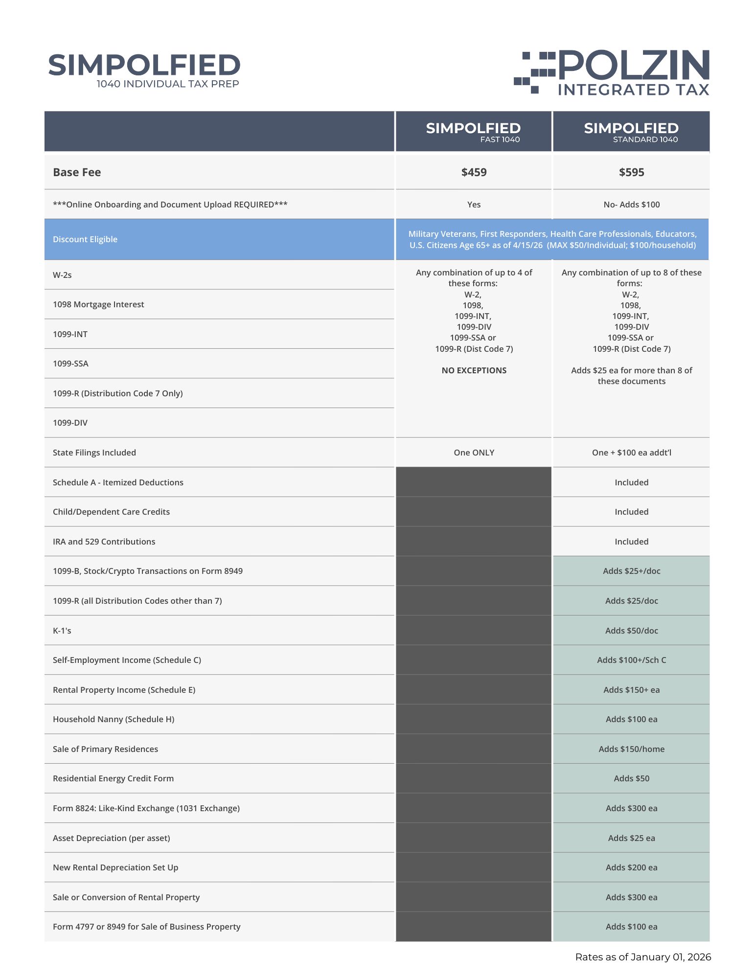 Individual tax preparation rates for 2025 tax filing with Polzin Integrated Tax in Parker, CO