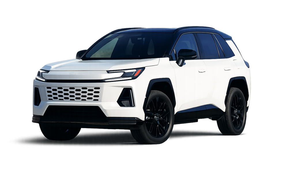 A white modern SUV with black accents and black wheels, viewed from the front-left side.
