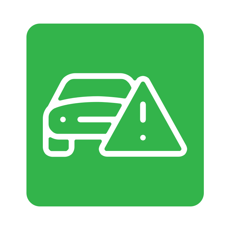 Roadside hazard warning sign with a car and an exclamation mark inside a triangle.
