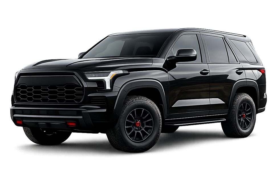 A black SUV with tinted windows and black wheels.