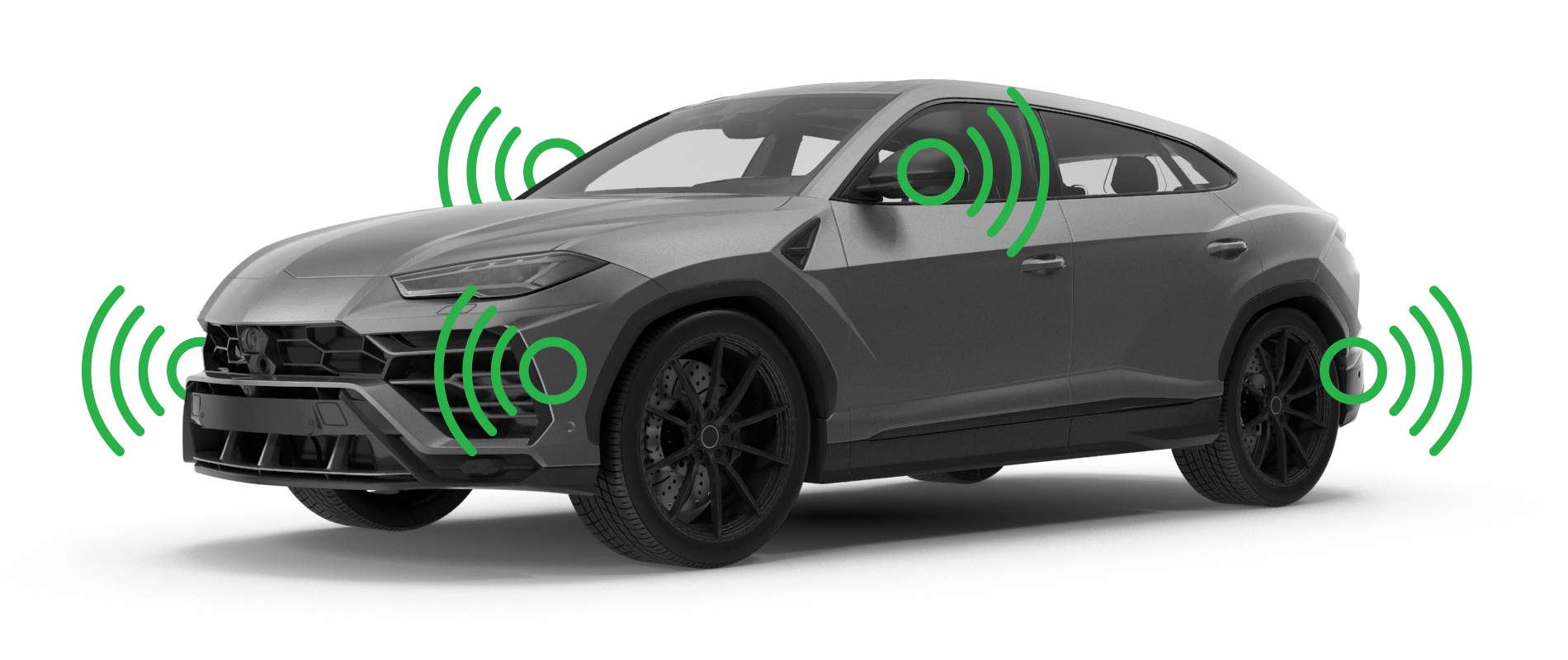 A sleek black and gray electric sports car with sensors highlighted in green, indicating advanced driver-assistance technology for front, side, and rear detection.