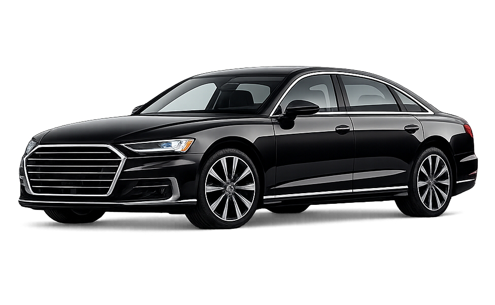 Black luxury sedan car with chrome grille and alloy wheels on black background.