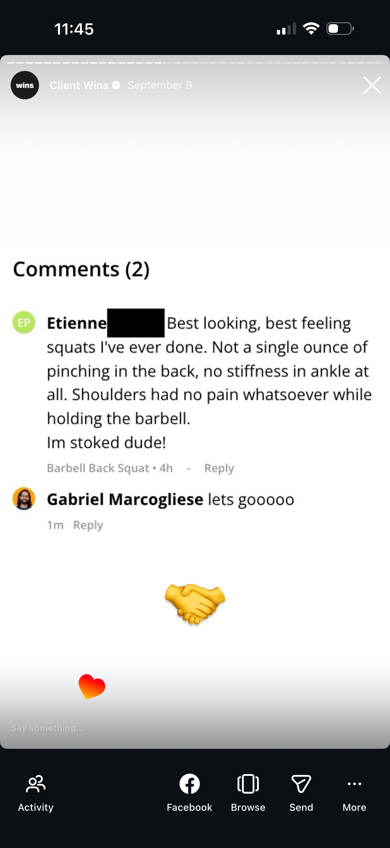 Screenshot of a Facebook post with comments about squats, including emojis of a handshake and a heart. The post is from 'wins Client Wins' on September 9 at 11:45.