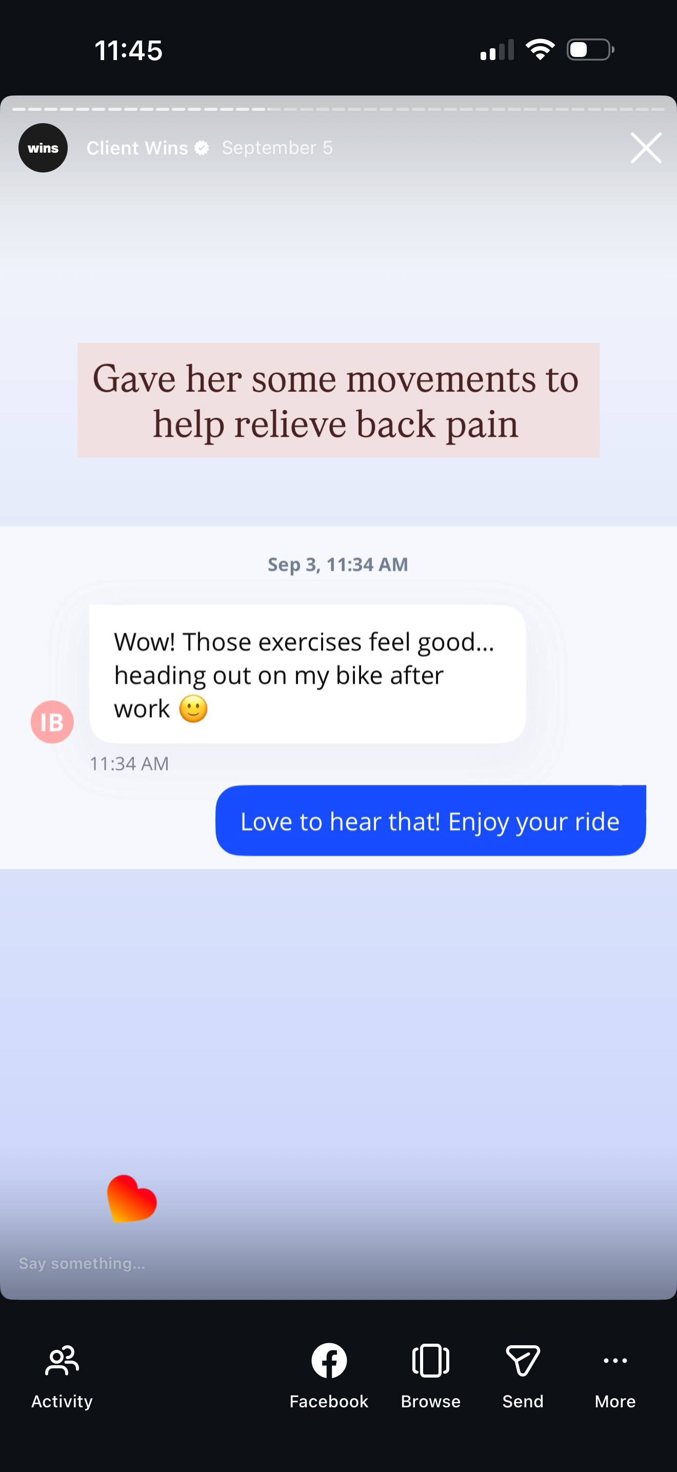 Text conversation about helping someone with back pain; includes messages about exercise and riding a bike.