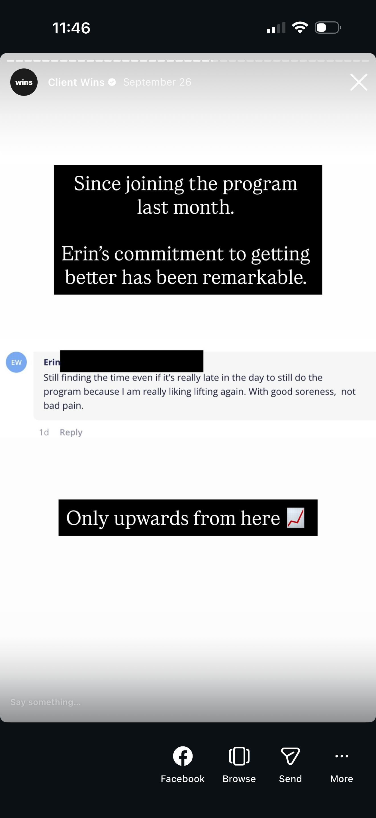 Social media post showing a message about Erin’s progress since joining a program last month, with a comment about her progress and a graph icon indicating upward movement.
