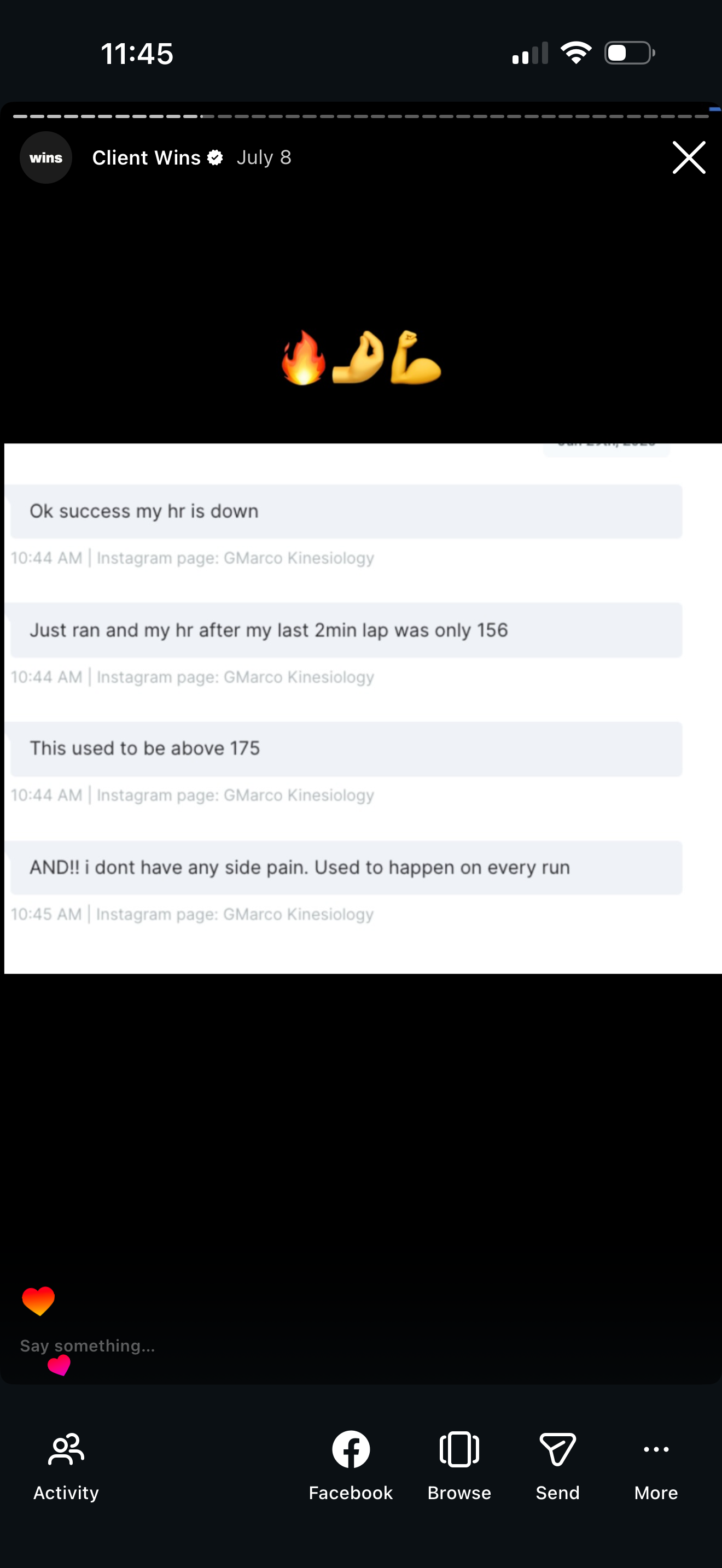 A social media story with the words fire, flexed arm, and muscle emojis at the top, and a chat message with cycling performance updates below.