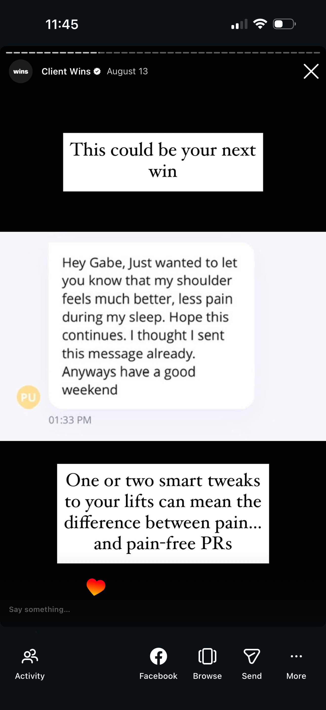 A social media post from Client Wins featuring motivational content about pain management and workouts, with text reading 'This could be your next win,' a message about shoulder pain relief, and tips on workout tweaks to prevent pain, with a heart em