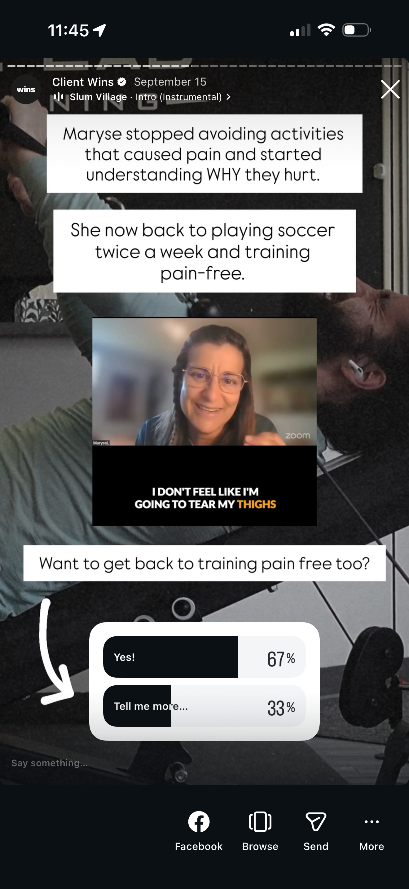 Social media post featuring a woman in a Zoom call, with text about overcoming pain to return to soccer, and a poll asking if viewers want to train pain-free, showing 67% yes and 33% tell me more.