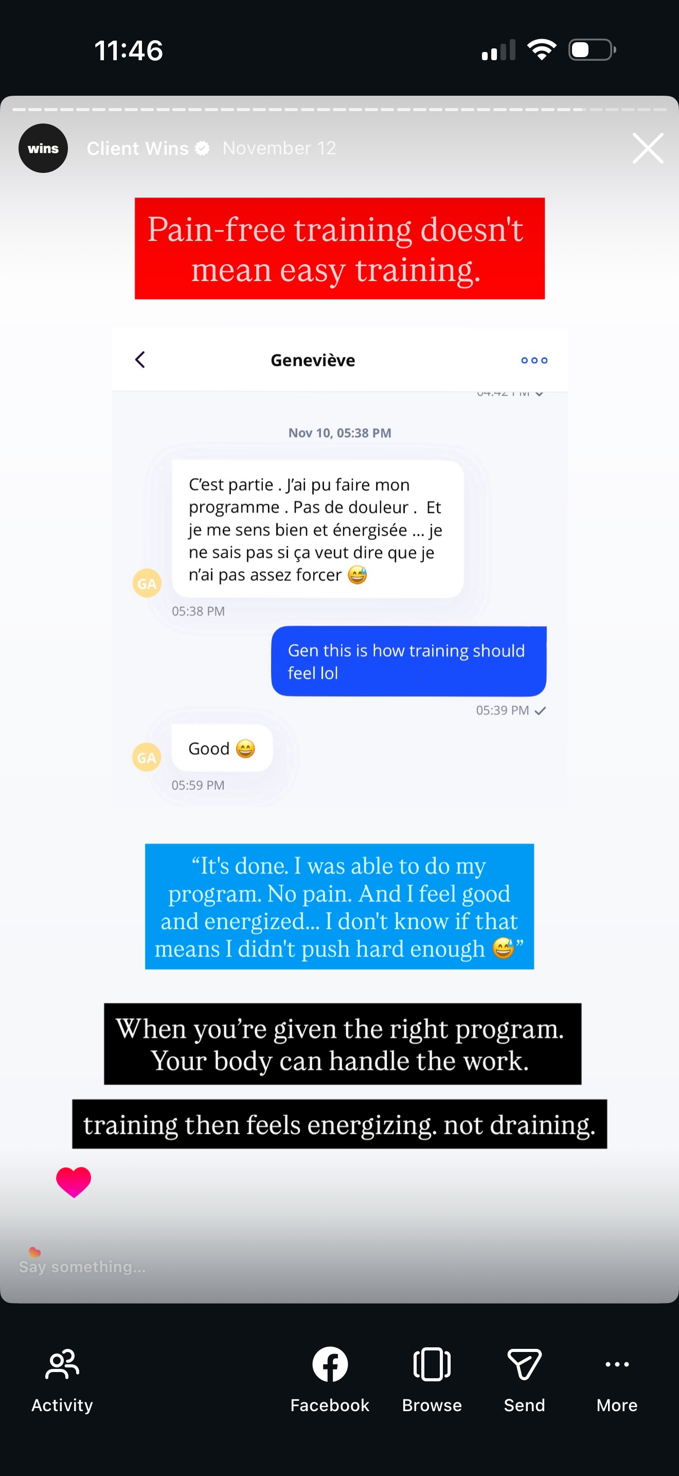 Screen capture of a message conversation about training. The message says, 'Pain-free training doesn't mean easy training.' The conversation includes positive feedback about completing a program without pain and feeling energized.