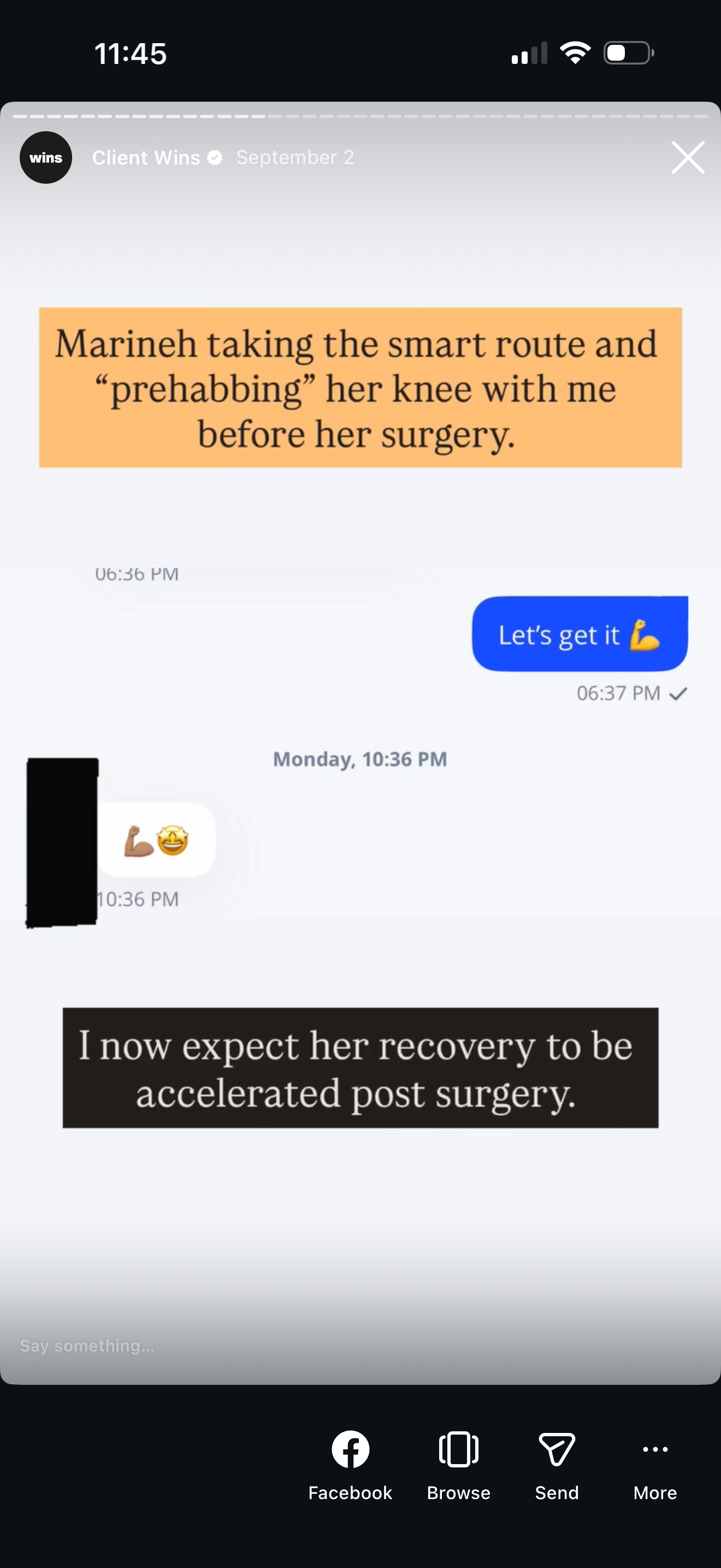 Screenshot of a messaging conversation about a person named Marineh prehab knee surgery, with ongoing support messages and emojis, including a flexed arm and a laughing face, indicating encouragement and positivity.