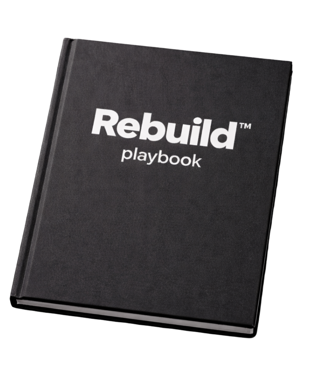 A hardcover black rebound playbook titled 'Rebuild' with white text.