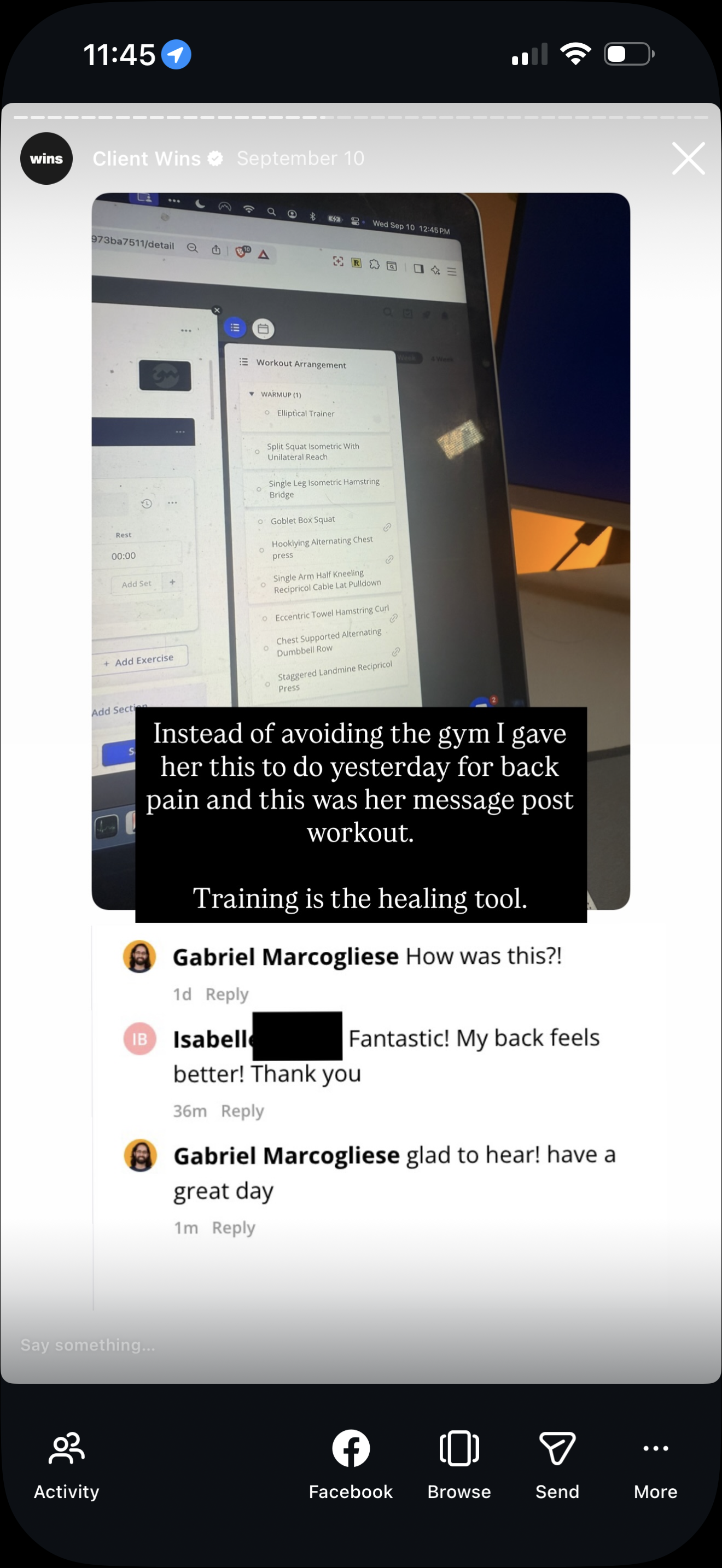 Screenshot of a social media post showing a computer screen with a workout arrangement plan. The post includes a message about using exercise for back pain relief, with comments from users expressing gratitude for the workout.