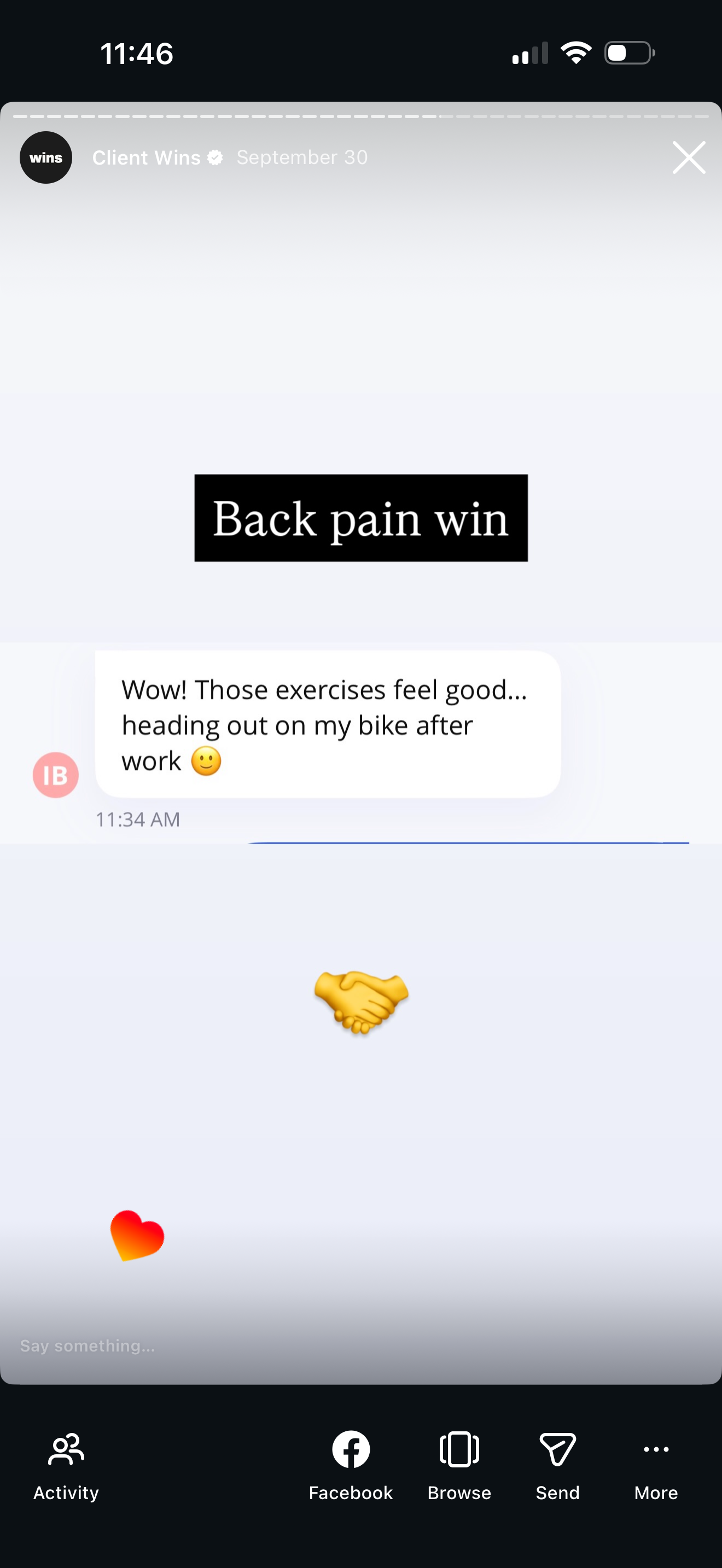 Screen shot of a social media post with words "Back pain win" at the top. Below, a message reads, "Wow! Those exercises feel good... heading out on my bike after work 😊". The post includes emojis of a handshake and a heart, and shows app icons for a