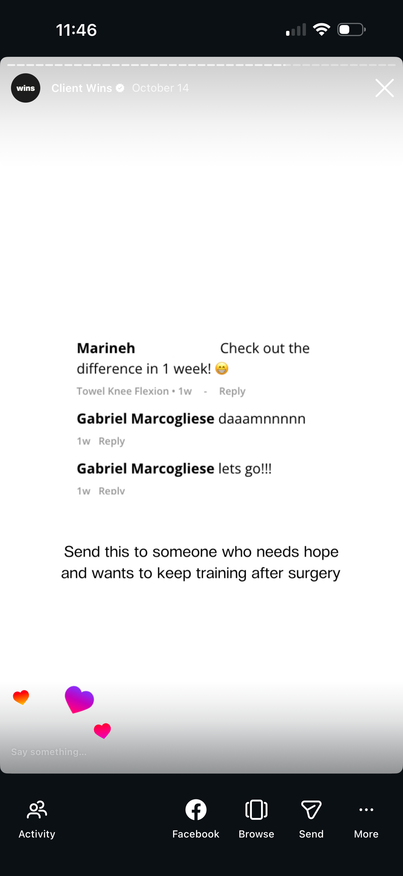 Social media post showing encouraging message about progress from physical therapy, including comments and emojis.