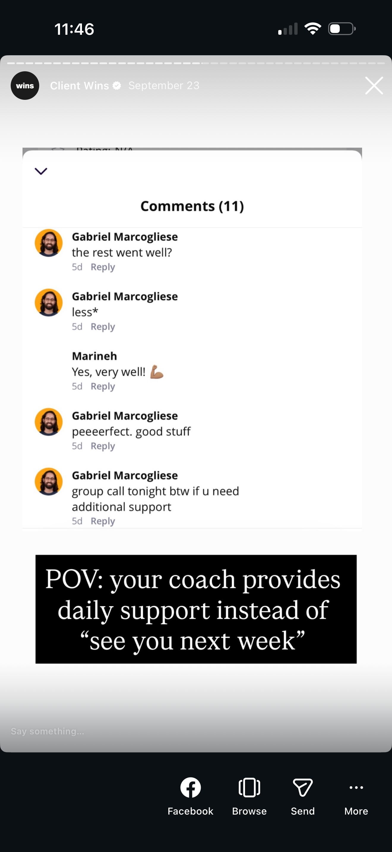Screenshot of a Facebook post with comments and a black text box that reads: 'POV: your coach provides daily support instead of 'see you next week'.